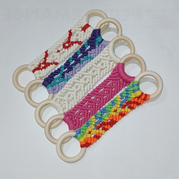 Hand Kitchen Towel Wooden Holder Boho Macrame Puschia Pink - Picture 9 of 11